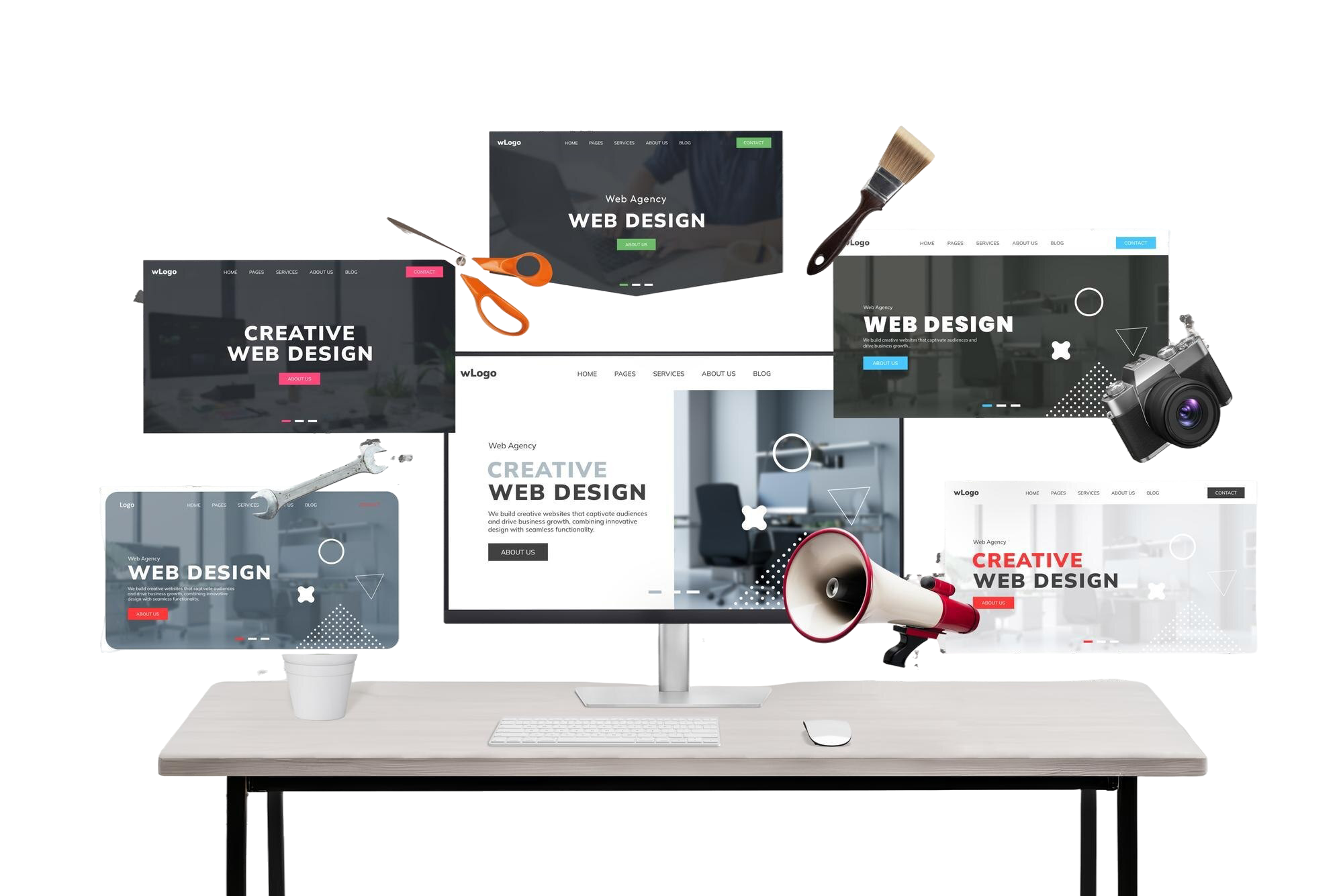 Zestawy szablonów stron internetowych wokół monitora na biurku